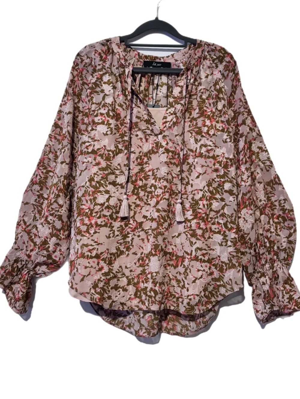 pink floral tie-neck blouse with tank inside